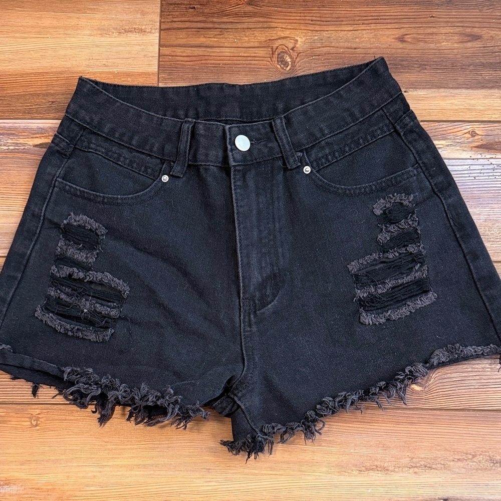 Black Distressed Denim Shorts